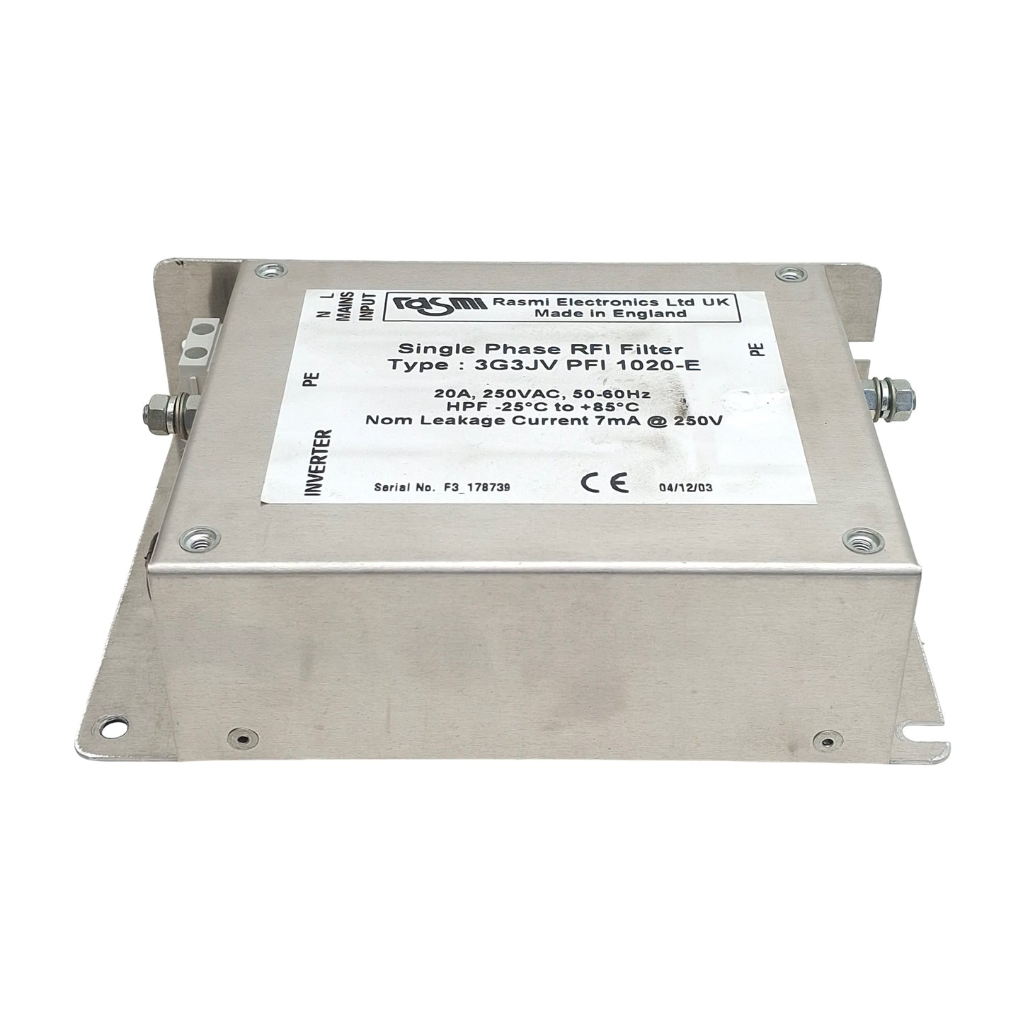 Used Rasmi 3G3JV PFI 1020-E RFI Filter, Single Phase, 20A 250VAC In, 7mA Leak