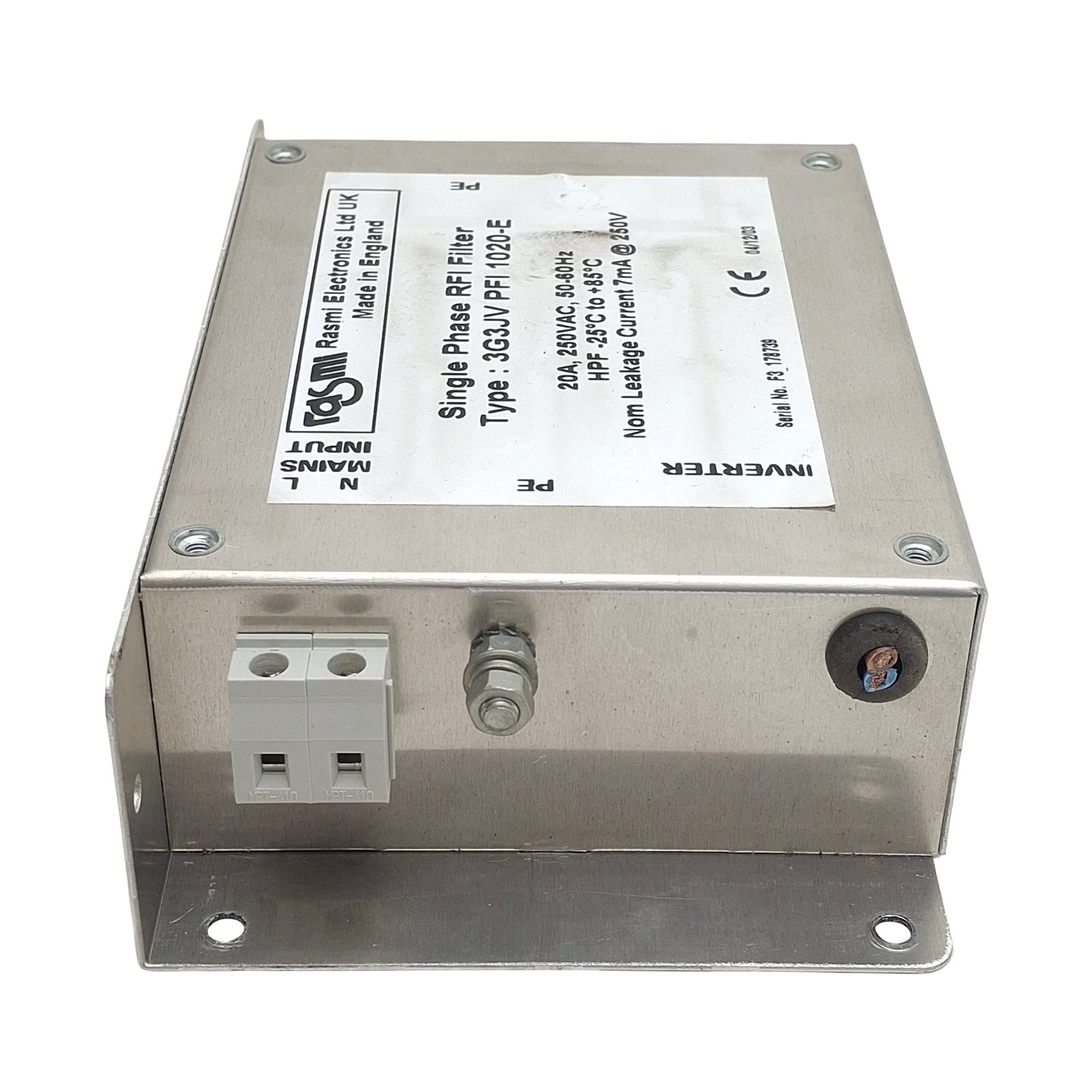 Used Rasmi 3G3JV PFI 1020-E RFI Filter, Single Phase, 20A 250VAC In, 7mA Leak