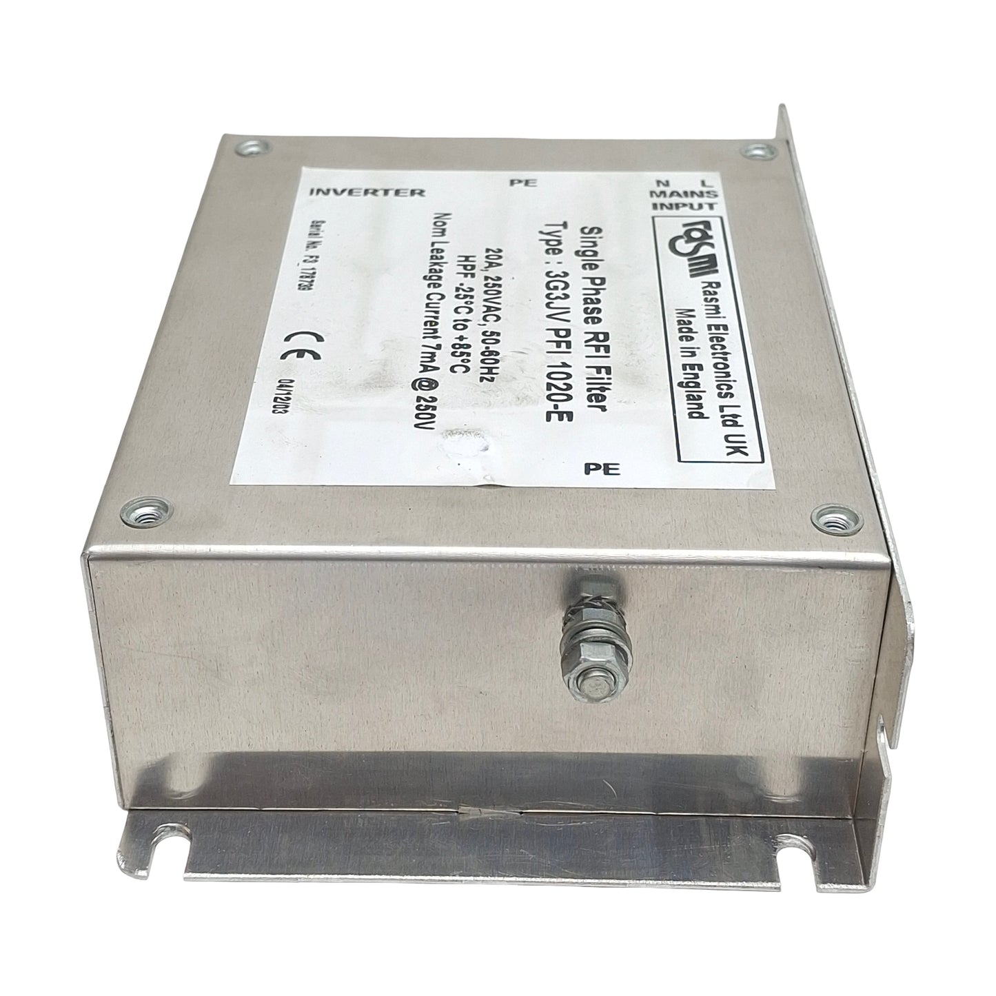 Used Rasmi 3G3JV PFI 1020-E RFI Filter, Single Phase, 20A 250VAC In, 7mA Leak