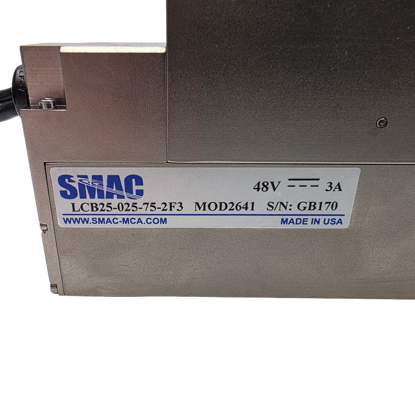 Used SMAC LCB25-025-75-2F3 Moving Coil Linear Actuator 25mm Stroke, 40N Max, 48VDC