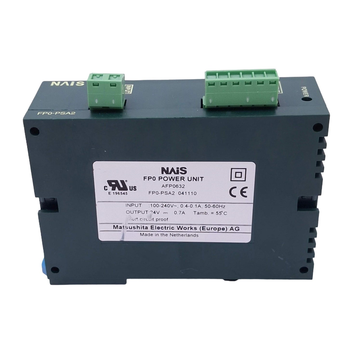 Used Nais FP0-PSA2 AFP0632 Power Supply, 100-240VAC 0.4-0.1A In, 24VDC 0.7A Out