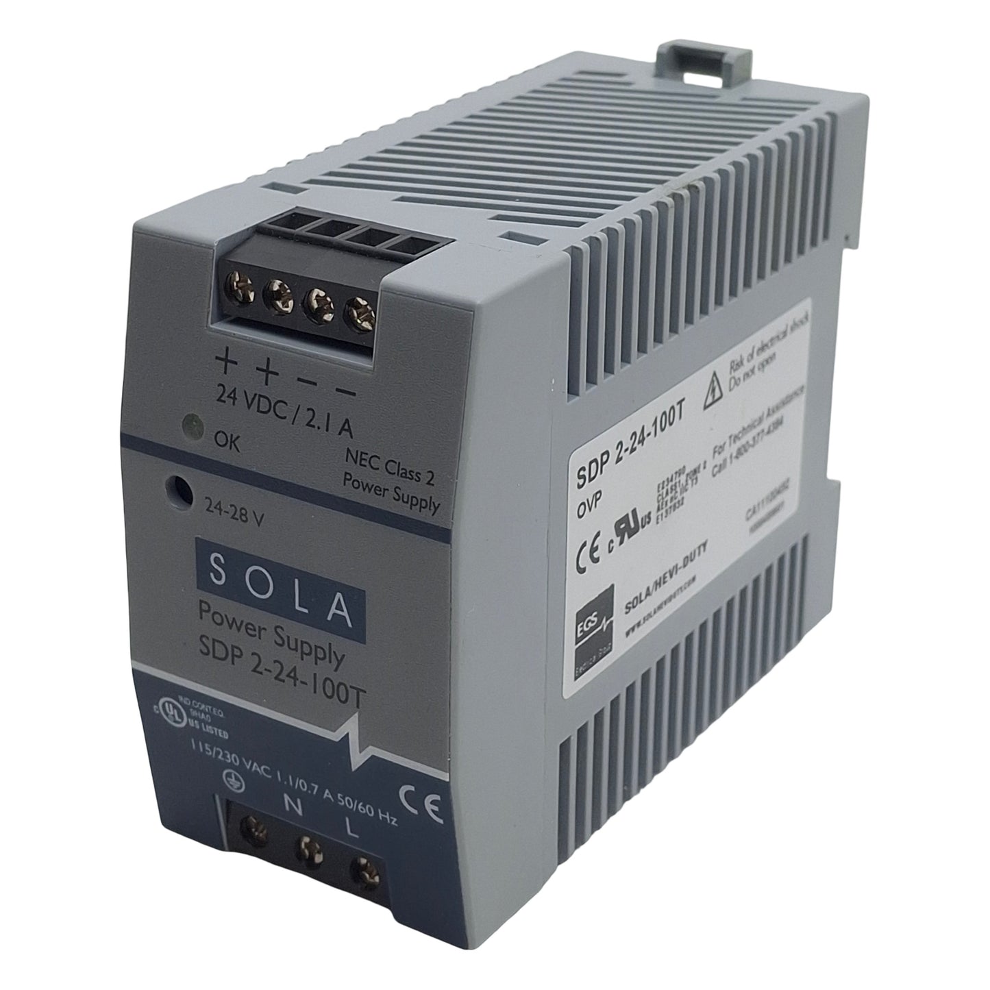 Used Sola SDP2-24-100T Power Supply, 115/230VAC In, 2.1A 24VDC Out, DIN Rail