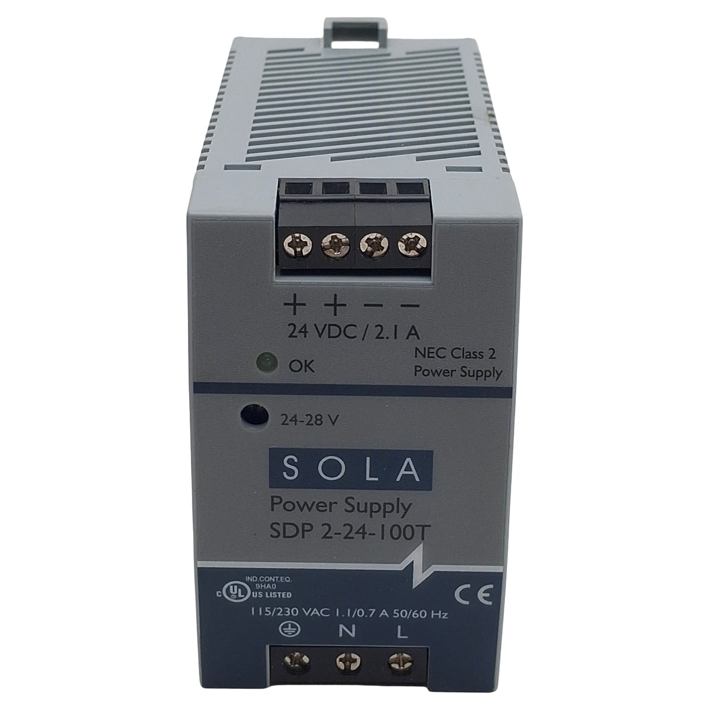 Used Sola SDP2-24-100T Power Supply, 115/230VAC In, 2.1A 24VDC Out, DIN Rail