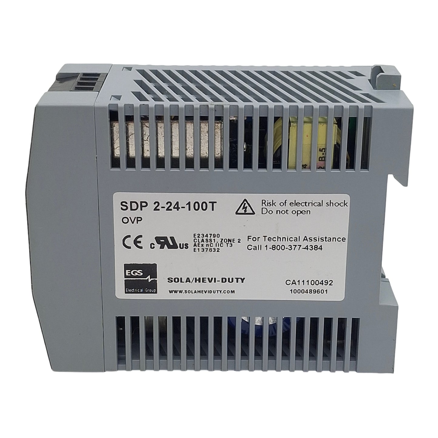 Used Sola SDP2-24-100T Power Supply, 115/230VAC In, 2.1A 24VDC Out, DIN Rail