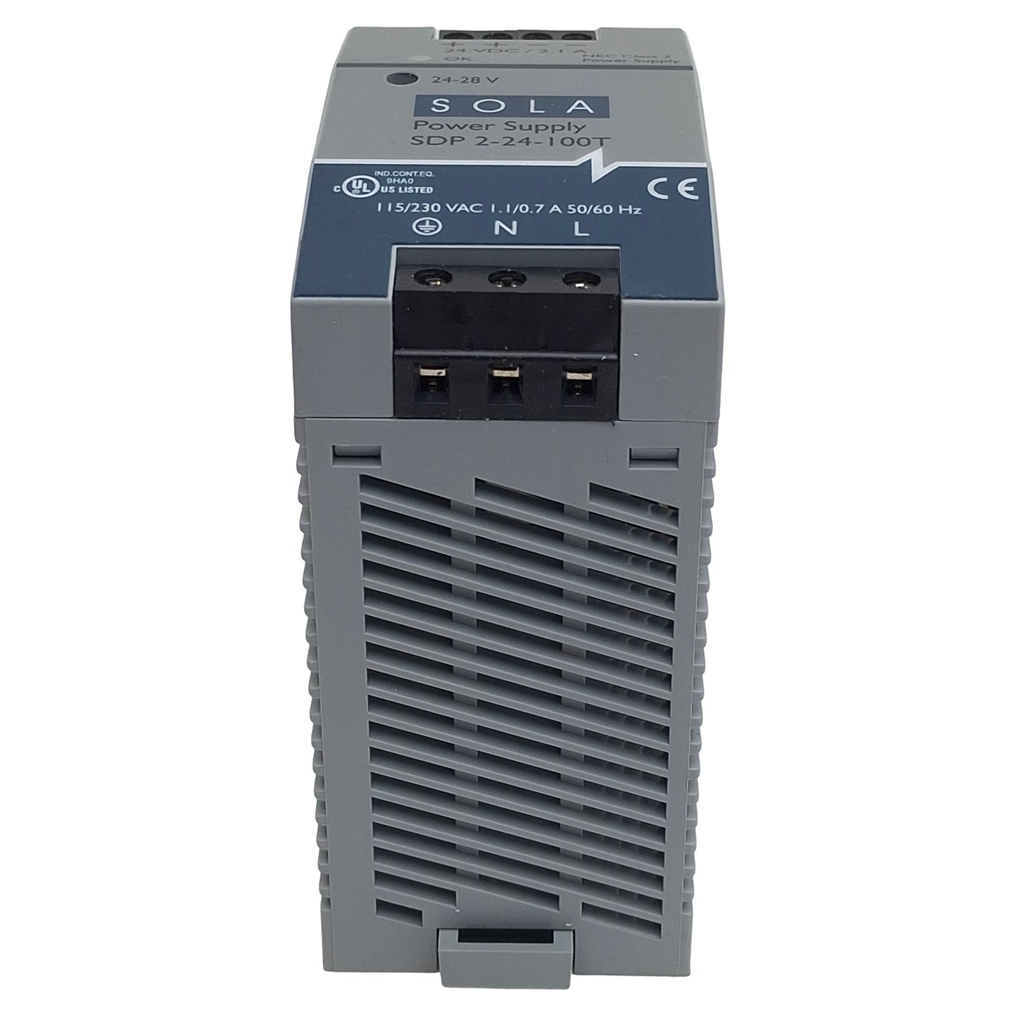 Used Sola SDP2-24-100T Power Supply, 115/230VAC In, 2.1A 24VDC Out, DIN Rail