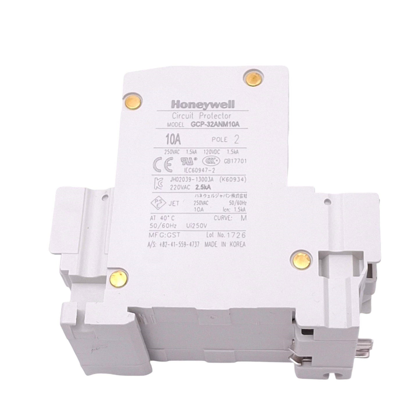 Used Honeywell GCP-32ANM10A Circuit Breaker, 2-Pole 10A, 250VAC 120VDC Max, DIN Rail