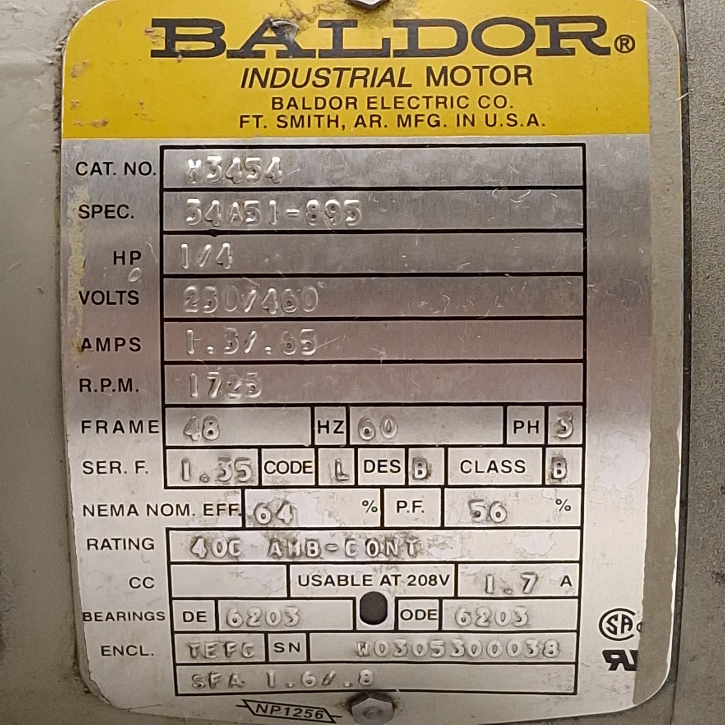Used Baldor 34A51-895 M3454 AC Motor, 1/4HP, 3Ø 230/460VAC, 1725rpm, ø1/2in Shaft
