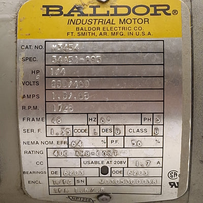 Used Baldor 34A51-895 M3454 AC Motor, 1/4HP, 3Ø 230/460VAC, 1725rpm, ø1/2in Shaft