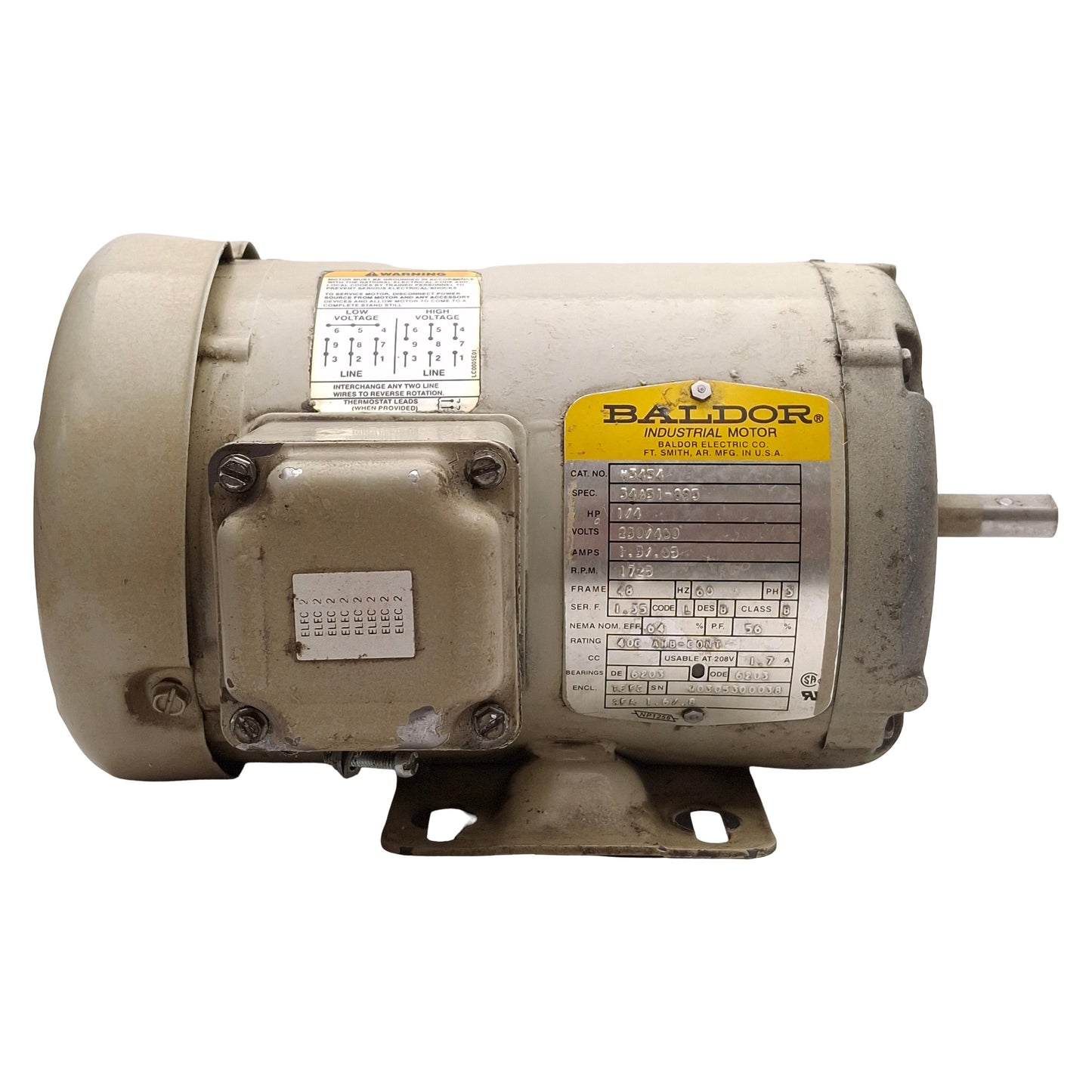 Used Baldor 34A51-895 M3454 AC Motor, 1/4HP, 3Ø 230/460VAC, 1725rpm, ø1/2in Shaft