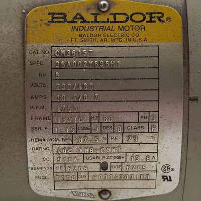 Used Baldor 36A002Y696H1 CM3615T AC Motor, 5HP, 3Ø 230/460VAC, 1750rpm, 184TC