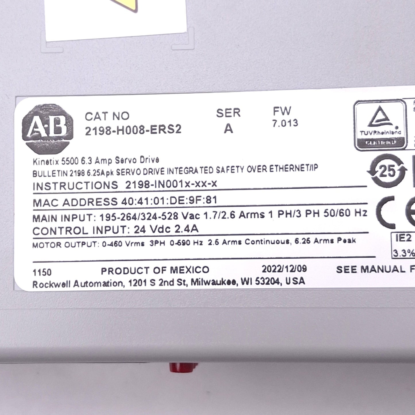 Used Allen Bradley 2198-H008-ERS2 Kinetix 5500S2 Servo Drive, 0-460Vrms 3PH, 1.6kW