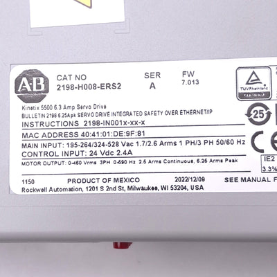 Used Allen Bradley 2198-H008-ERS2 Kinetix 5500S2 Servo Drive, 0-460Vrms 3PH, 1.6kW