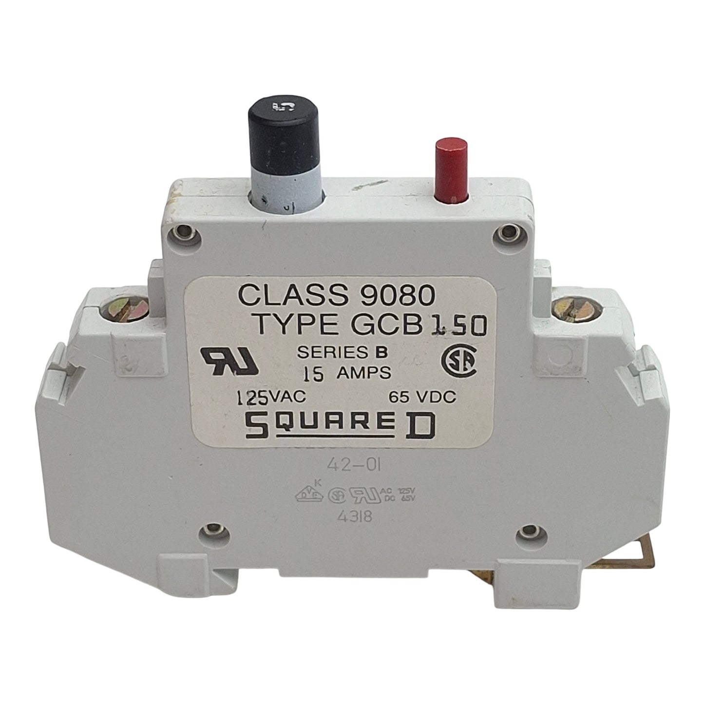 Used Square D 9080GCB150 Circuit Protector, 1-Pole, 15A, 125VAC/65VDC, DIN Rail