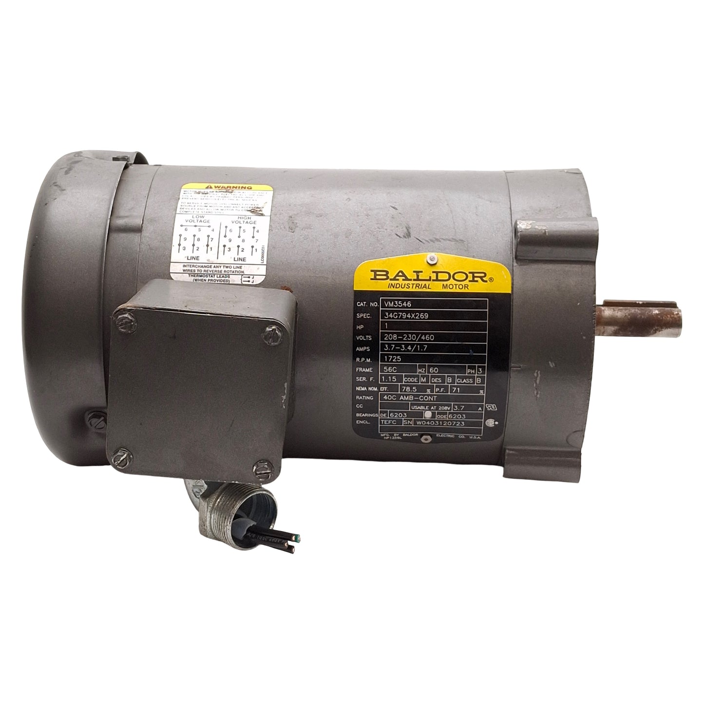 Used Baldor VM3546 34G794X269 AC Motor, 1HP, 3Ø 208-230/460VAC, 1725rpm, 56C Frame