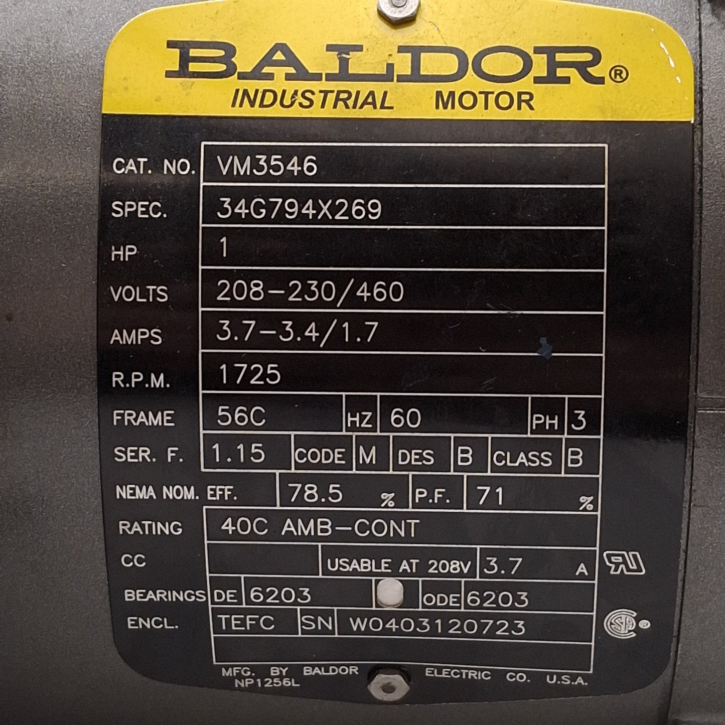 Used Baldor VM3546 34G794X269 AC Motor, 1HP, 3Ø 208-230/460VAC, 1725rpm, 56C Frame