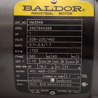 Used Baldor VM3546 34G794X269 AC Motor, 1HP, 3Ø 208-230/460VAC, 1725rpm, 56C Frame