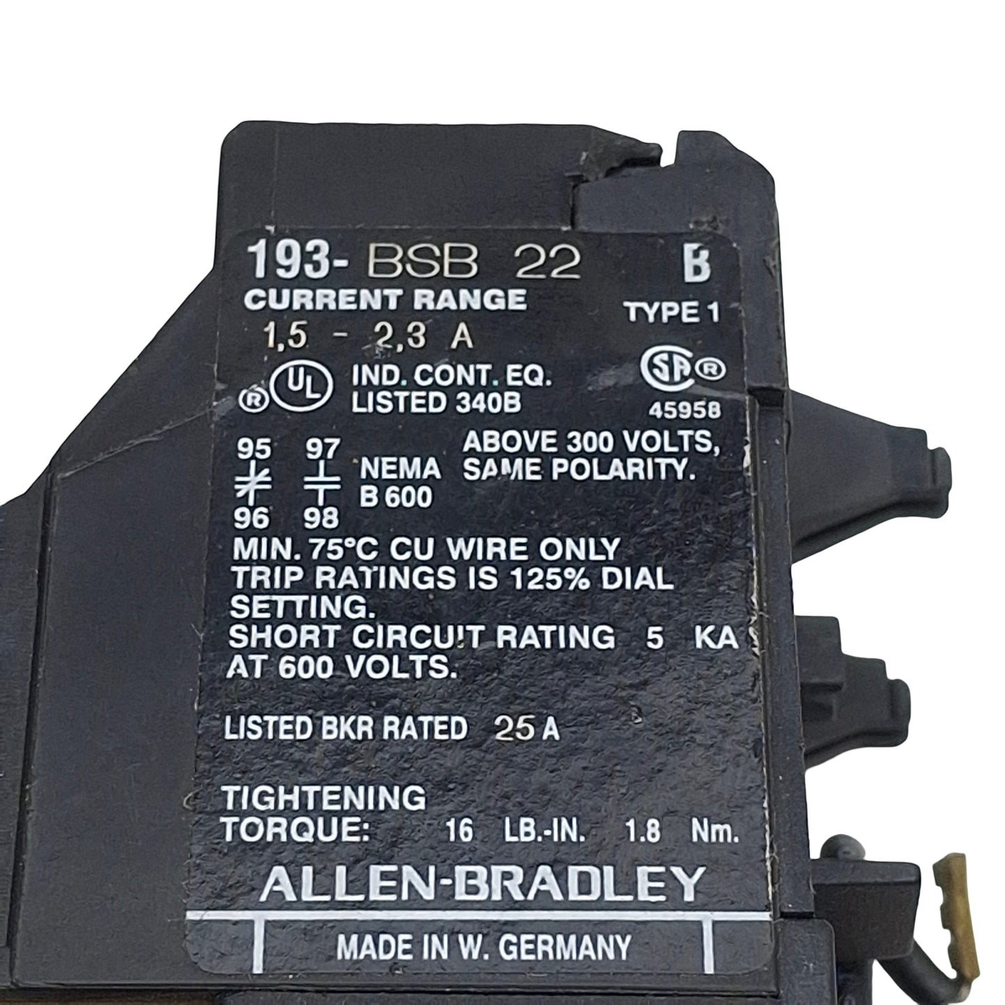 Used Allen Bradley 193-BSB22 Overload Relay 3-Pole 1NO 1NC 1.5-2.3A Range, 10A 600VAC