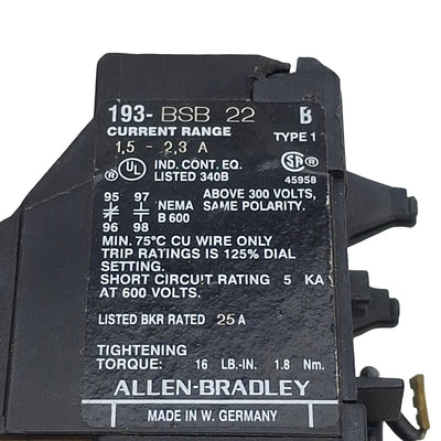 Used Allen Bradley 193-BSB22 Overload Relay 3-Pole 1NO 1NC 1.5-2.3A Range, 10A 600VAC