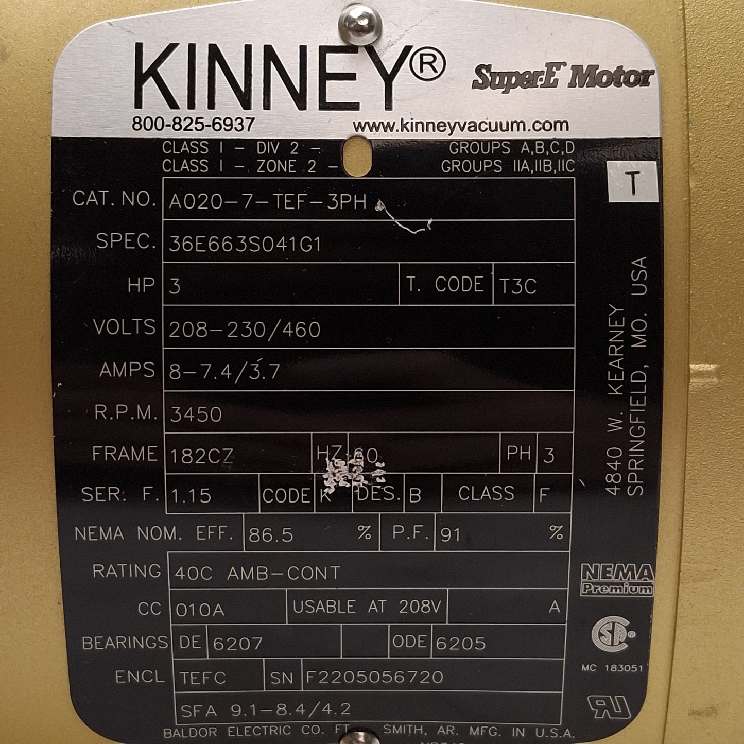 Used Kinney 36E663S041G1 Super-E Motor, 3HP, 3Ø 208-230/460VAC, 3450rpm, 182CZ Frame