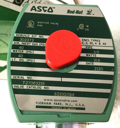 New – Open box ASCO 8210G094 RedHat Brass 2-Way Shutoff Air/Water Valve 24VDC, 1/2" NPT, 40psi