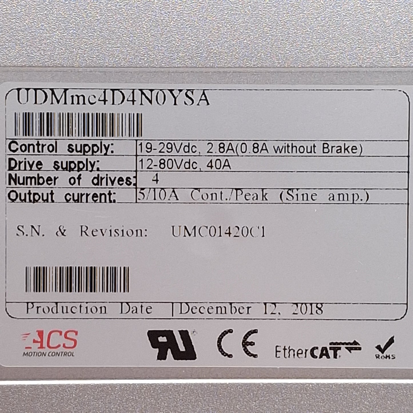 Used ACS UDMmc4DN0YSA Universal Drive Module, 4-Axis, 12-80VDC Supply, 24VDC Control