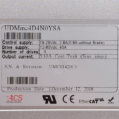 Used ACS UDMmc4DN0YSA Universal Drive Module, 4-Axis, 12-80VDC Supply, 24VDC Control