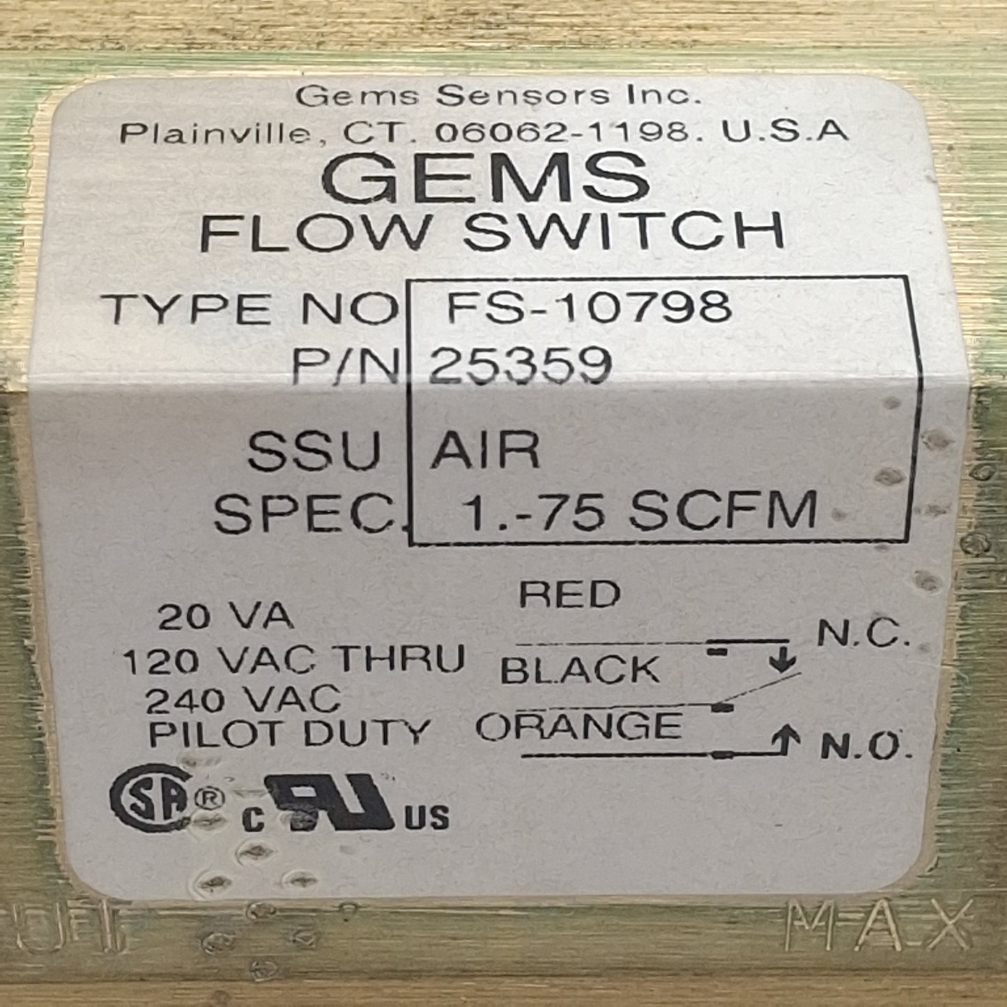 Used Gems 25359 FS-10798 Flow Switch, SPDT, 1/2in NPT, 0.5-20GPM Range, 1000psi, 50µm