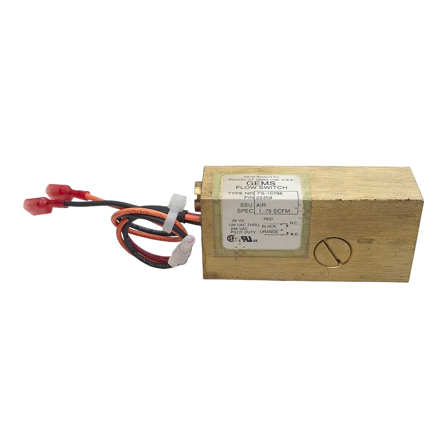 Used Gems 25359 FS-10798 Flow Switch, SPDT, 1/2in NPT, 0.5-20GPM Range, 1000psi, 50µm