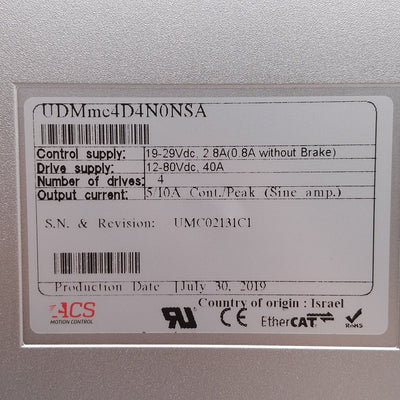 Used ACS UDMmc4DN0NSA Universal Drive Module, 4-Axis, 12-80VDC Supply, 24VDC Control