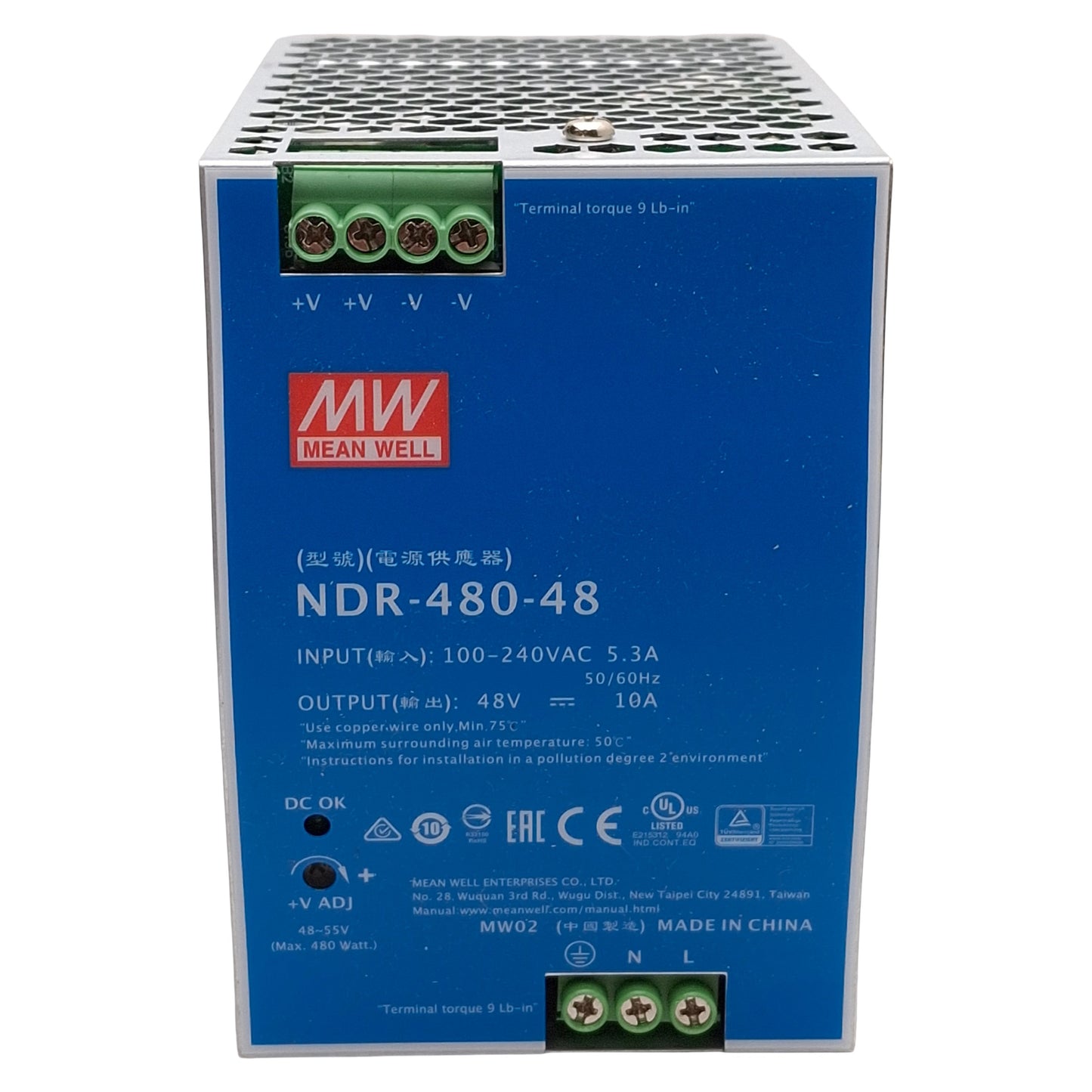 Used Mean Well NDR-480-48 DIN Rail Power Supply, 480W, 100-240VAC Input, 48VDC Output