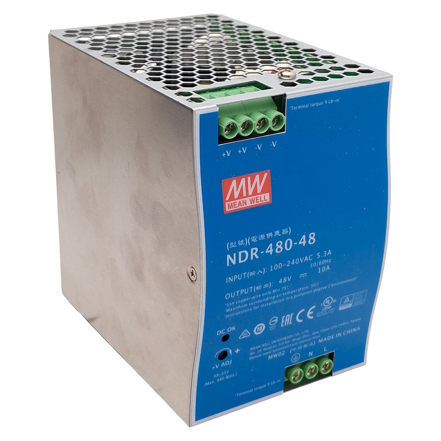 Used Mean Well NDR-480-48 DIN Rail Power Supply, 480W, 100-240VAC Input, 48VDC Output