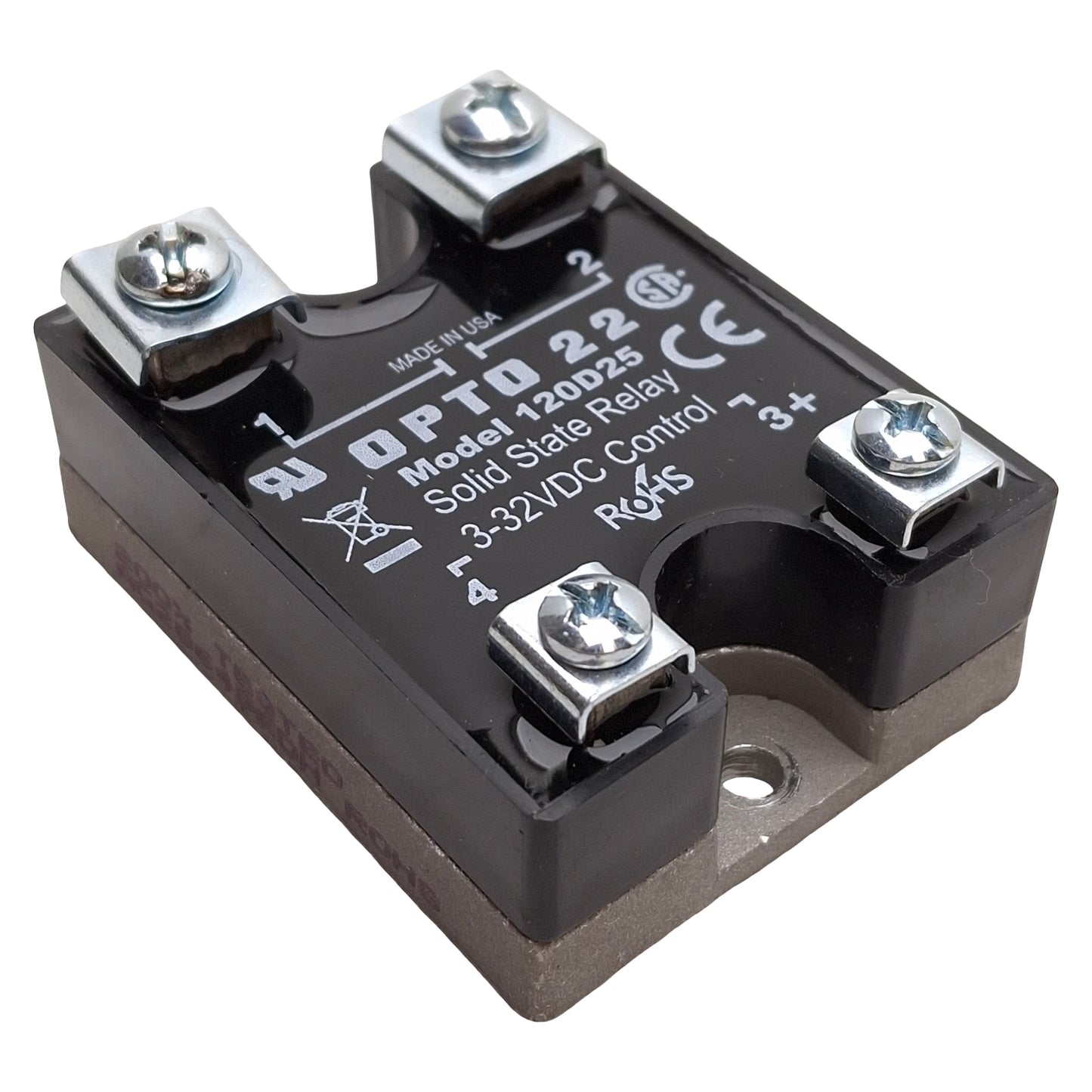 Used Opto 22 120D25 Solid State Relay, SPST-NO, 120VAC 10A Line, 3-32VDC Control