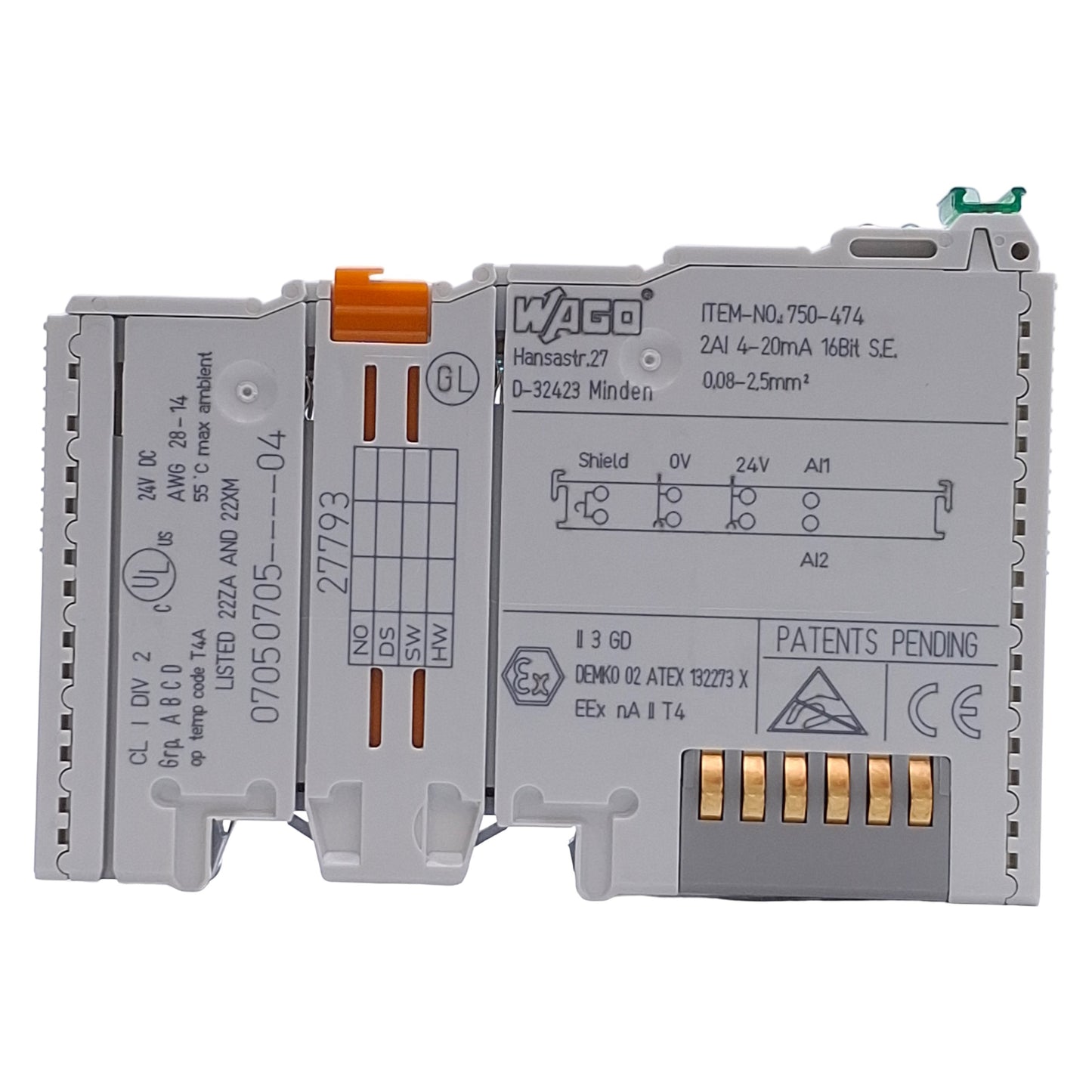 Used Wago 750-474 Analog Input Module, 2-Channel 16-Bit, Supply: 24V, Signal: 4-20mA