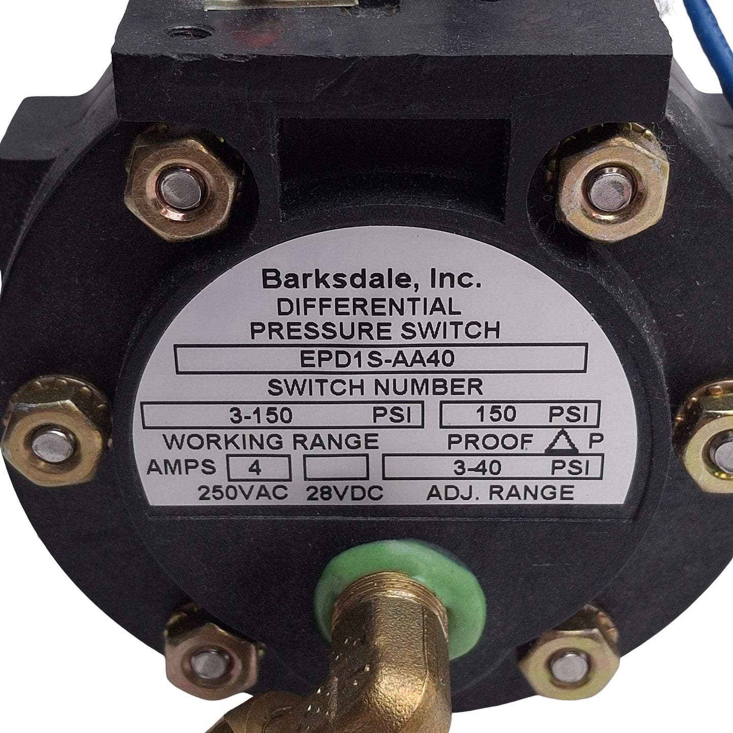 Used Barksdale EPD1S-AA40 Differential Pressure Switch 3-40psi Range, SPDT 125/250VAC