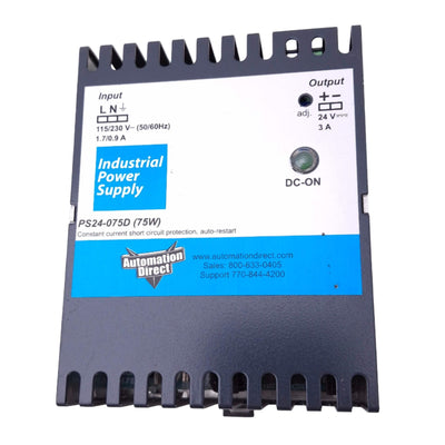 New – Open box Automation Direct PS24-075D Power Supply, 115VAC In, 24VDC 3A Out, 75W Max