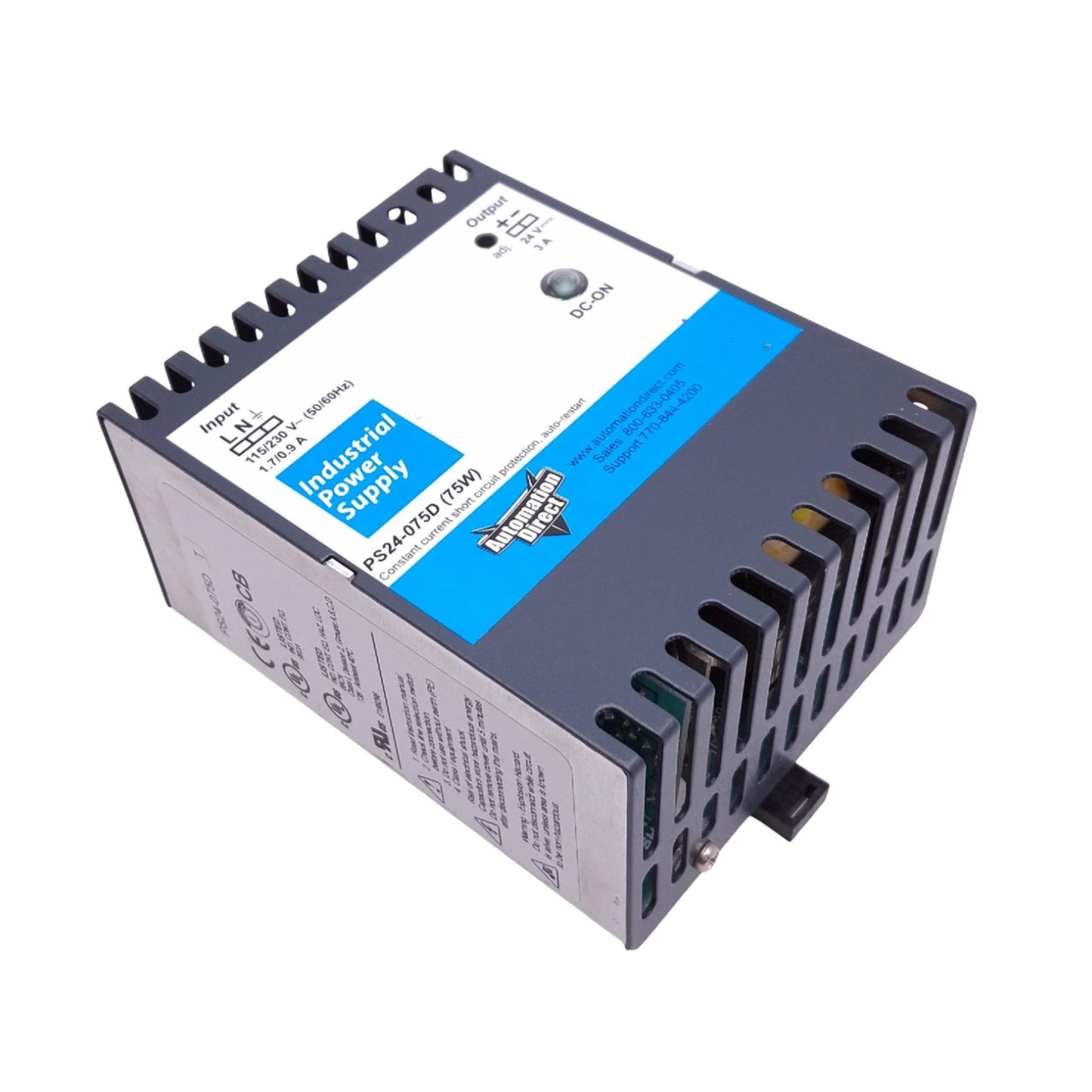 New – Open box Automation Direct PS24-075D Power Supply, 115VAC In, 24VDC 3A Out, 75W Max