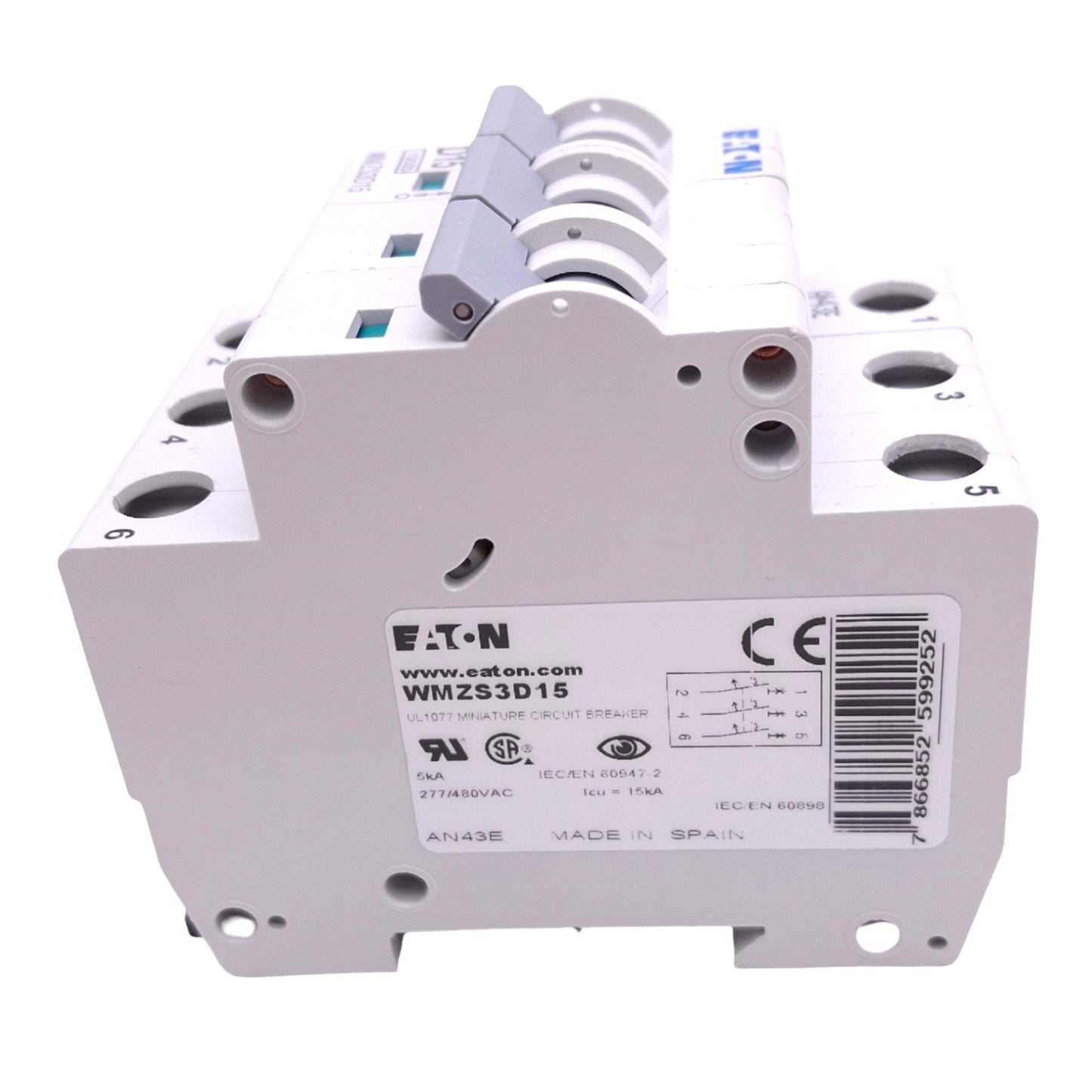 New Eaton WMZS3D15 Circuit Breaker, 3-Pole, 15A, 277/480VAC Max, DIN Rail