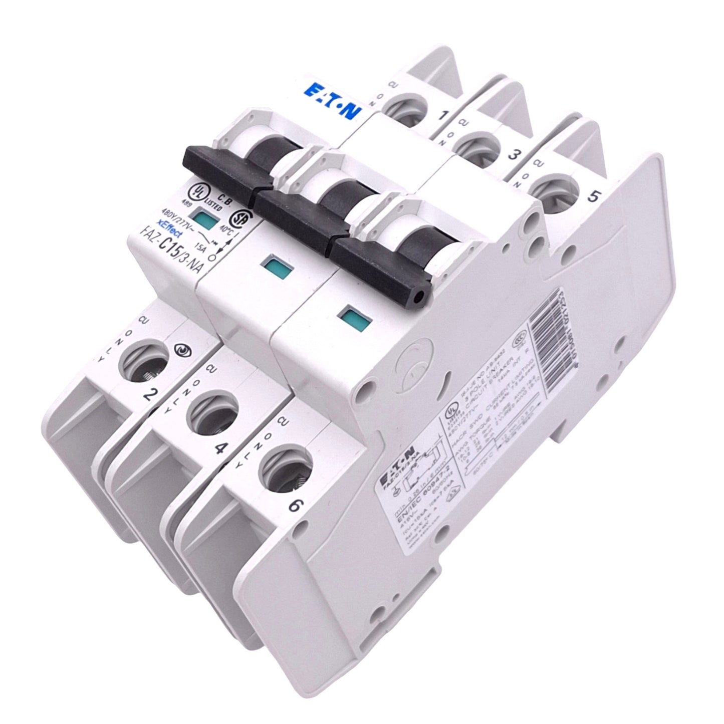 Used Eaton FAZ-C15/3-NA Circuit Breaker, 3-Pole, 15A, 480Y/277VAC Max, DIN Rail