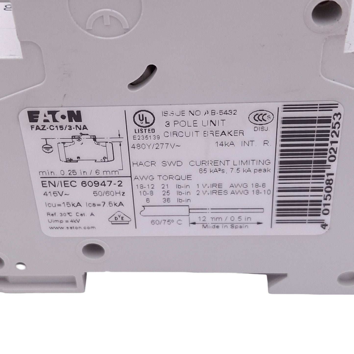 Used Eaton FAZ-C15/3-NA Circuit Breaker, 3-Pole, 15A, 480Y/277VAC Max, DIN Rail