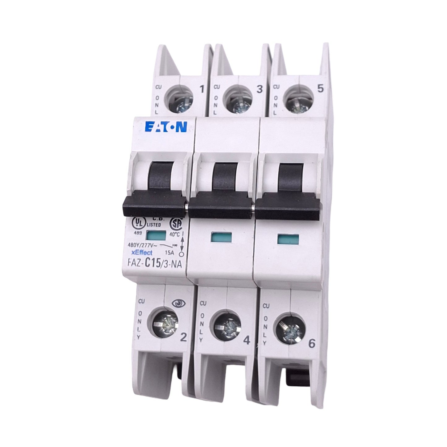 Used Eaton FAZ-C15/3-NA Circuit Breaker, 3-Pole, 15A, 480Y/277VAC Max, DIN Rail
