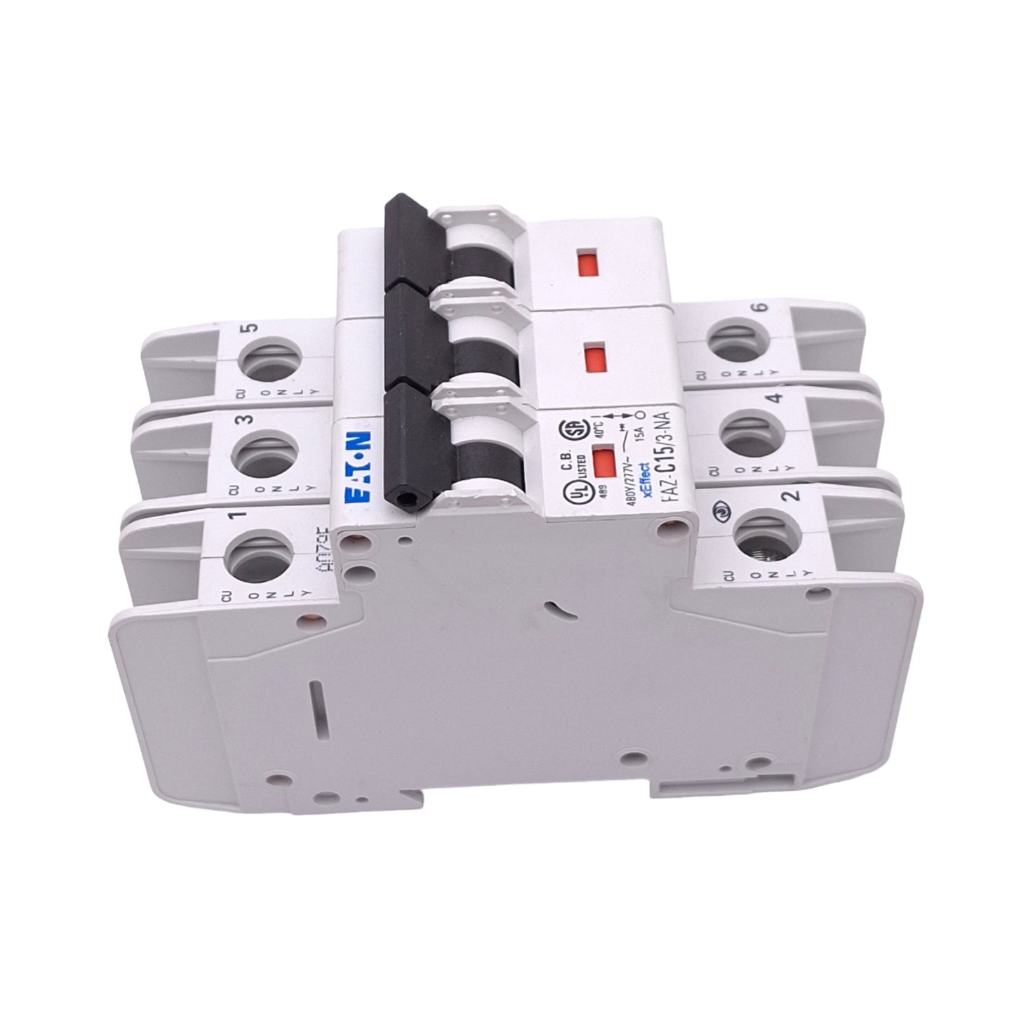 Used Eaton FAZ-C15/3-NA Circuit Breaker, 3-Pole, 15A, 480Y/277VAC Max, DIN Rail