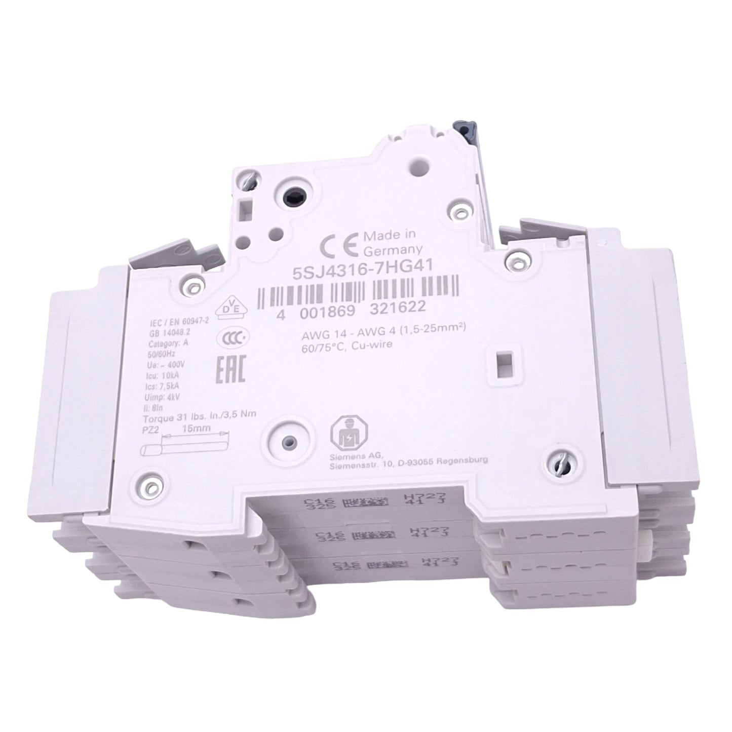 New Siemens 5SJ4316-7HG41 Circuit Breaker, 3-Pole 16A, 400VAC Max, DIN Rail