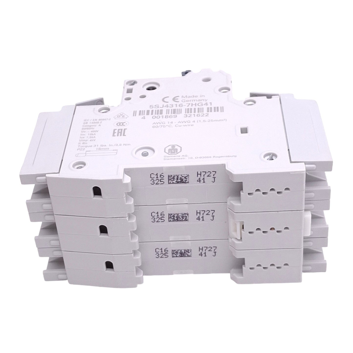 New Siemens 5SJ4316-7HG41 Circuit Breaker, 3-Pole 16A, 400VAC Max, DIN Rail
