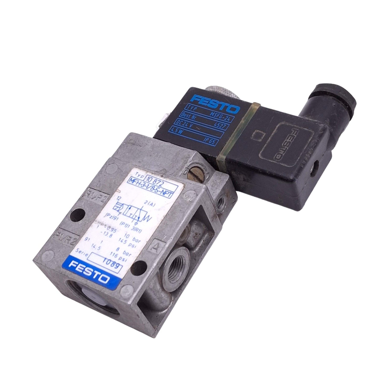 Used Festo MFH-3-1/8-S-NPT Solenoid, 3/2-Way, 1/8in NPT, 10bar Max, 24VDC Coil