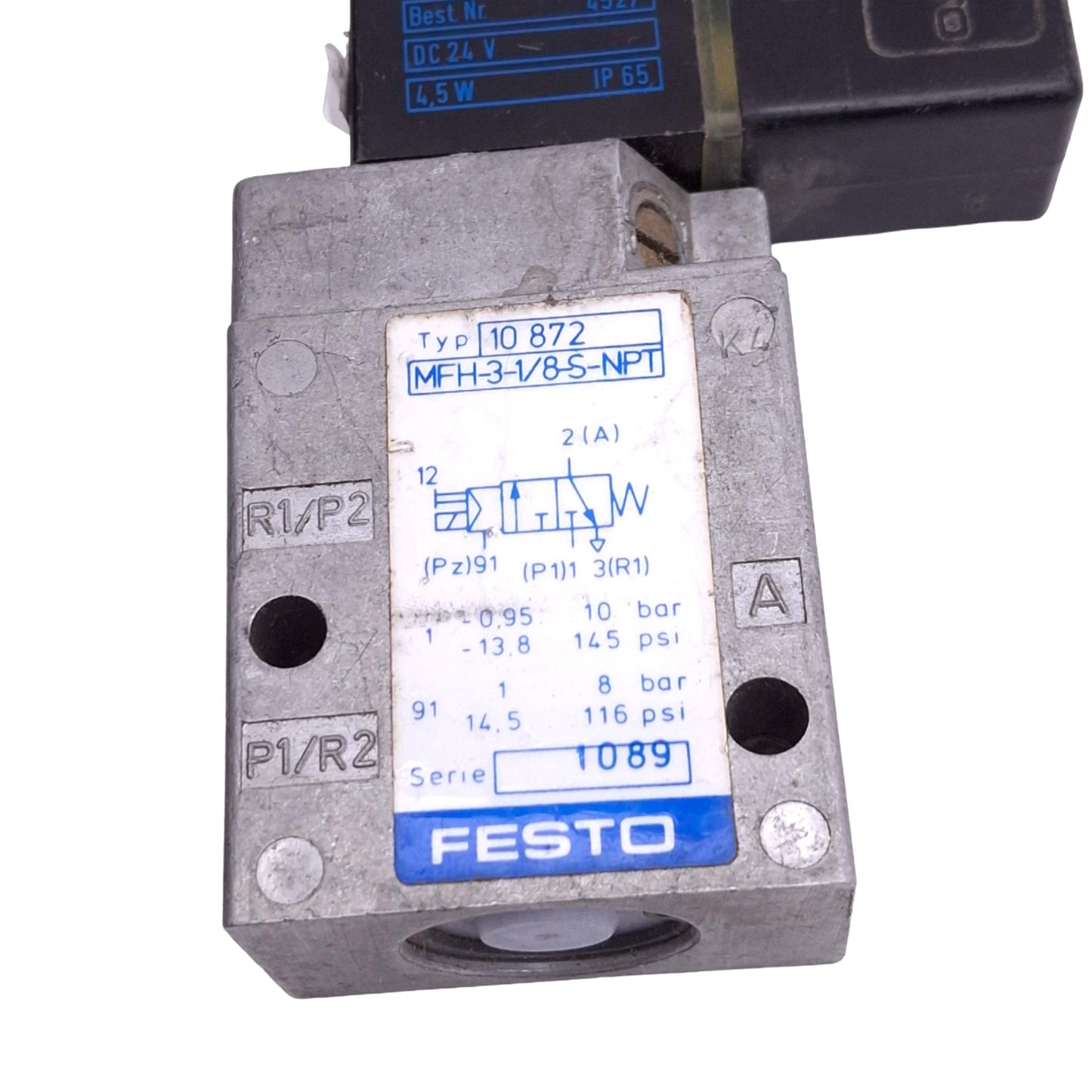 Used Festo MFH-3-1/8-S-NPT Solenoid, 3/2-Way, 1/8in NPT, 10bar Max, 24VDC Coil