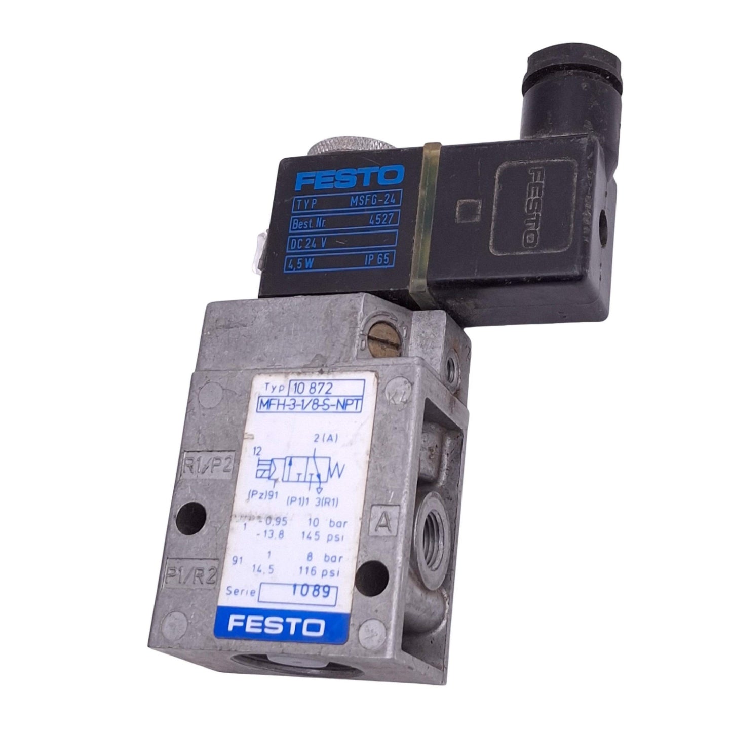 Used Festo MFH-3-1/8-S-NPT Solenoid, 3/2-Way, 1/8in NPT, 10bar Max, 24VDC Coil