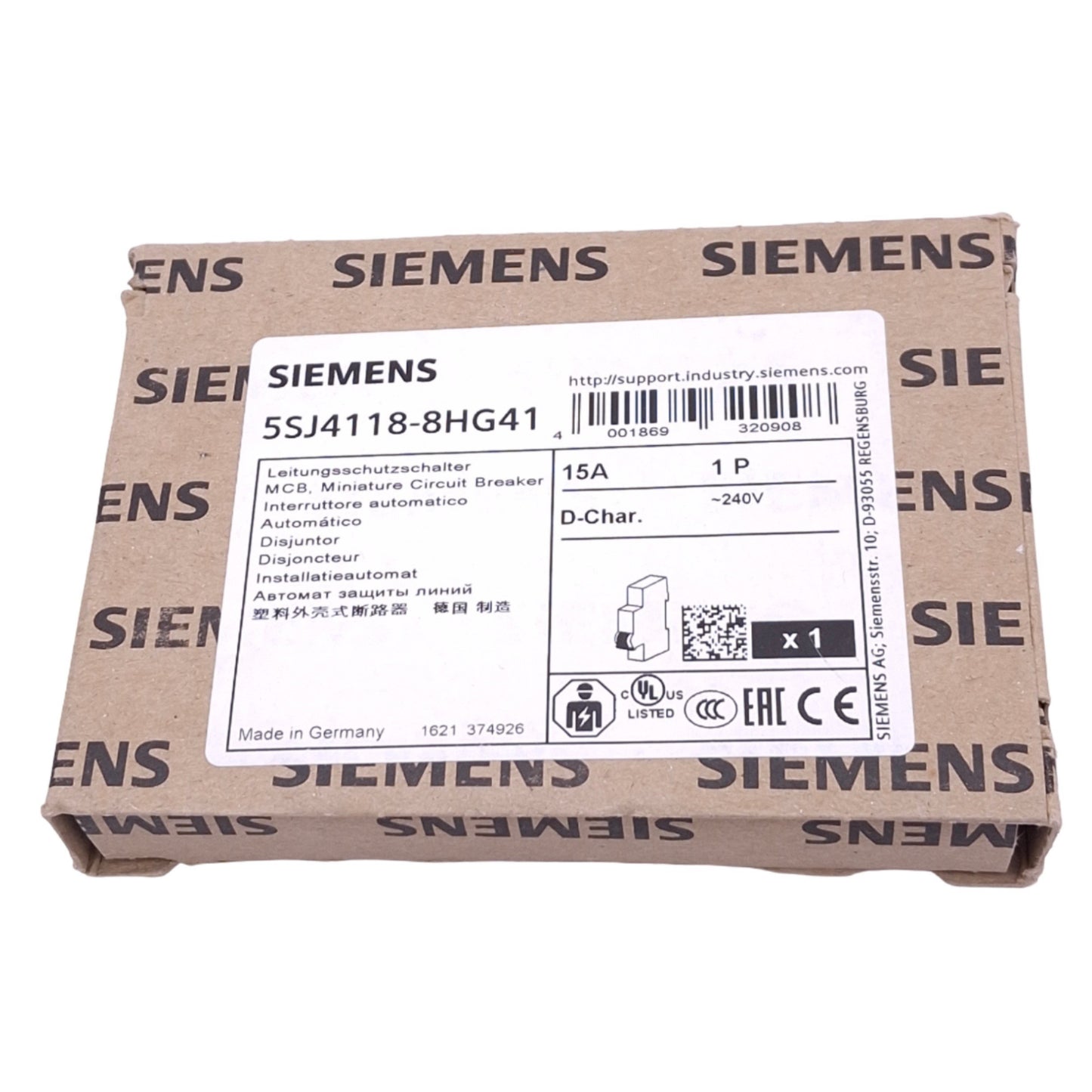 New Siemens 5SJ4118-8HG41 Circuit Breaker, 1-Pole 15A, 230VAC Max, DIN Rail