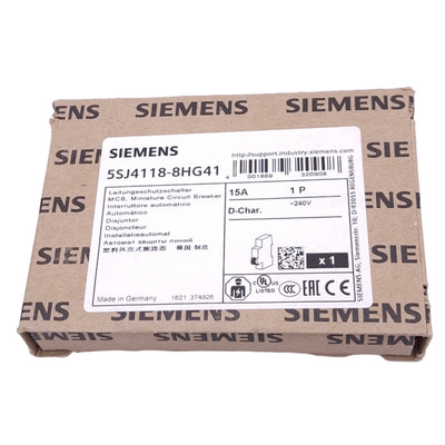 New Siemens 5SJ4118-8HG41 Circuit Breaker, 1-Pole 15A, 230VAC Max, DIN Rail