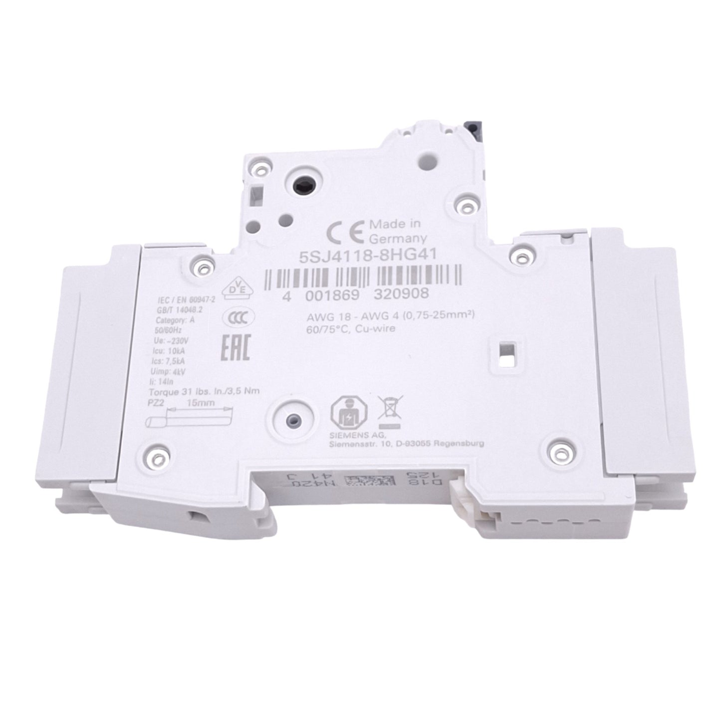 New Siemens 5SJ4118-8HG41 Circuit Breaker, 1-Pole 15A, 230VAC Max, DIN Rail