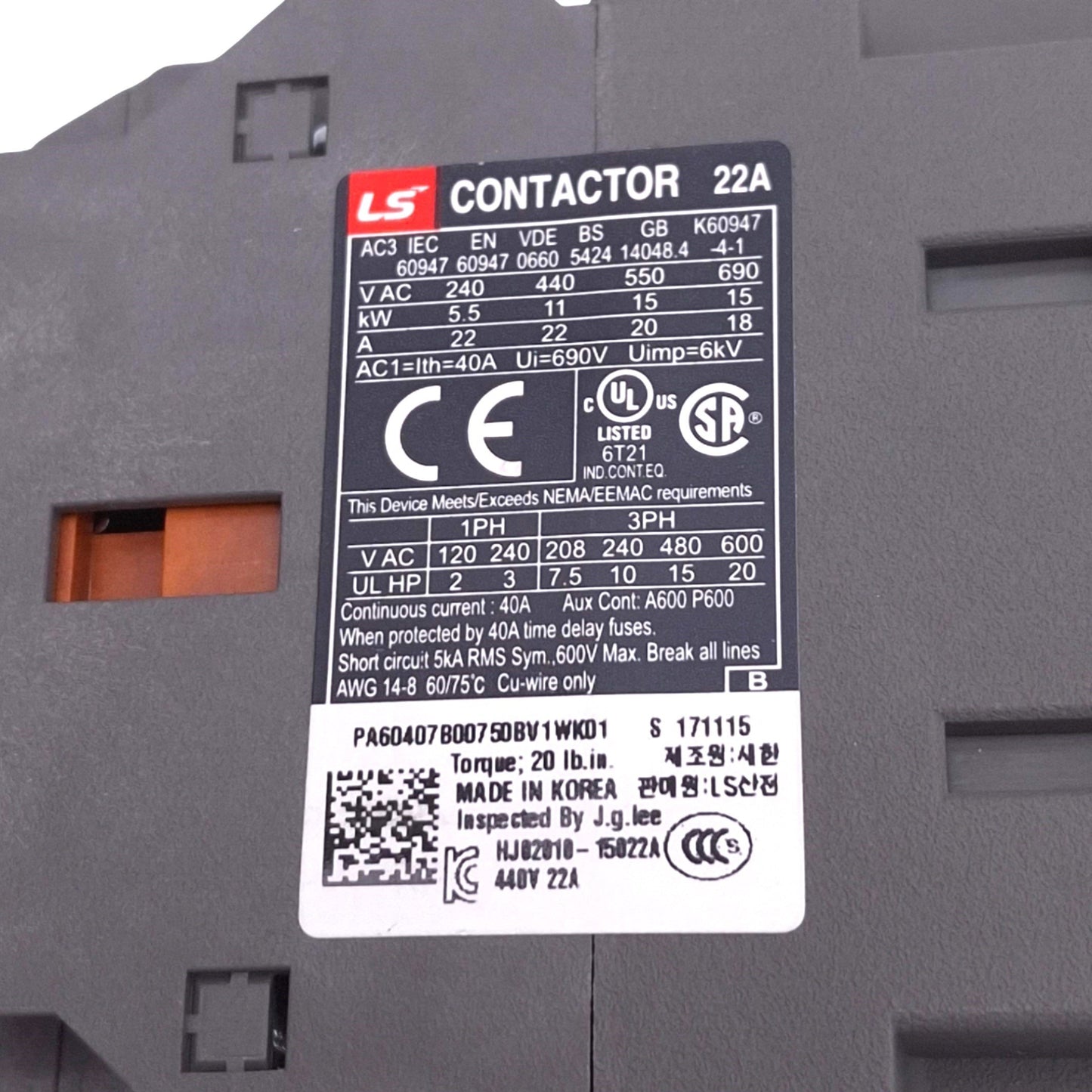 New LS Electric MC-22B-11-DC24 Contactor, 3-Pole + 1NO 1NC Aux, 24VDC Coil